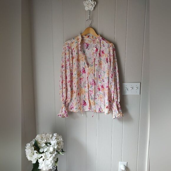 Sugar Magnolia Sheer Lightweight Floral Long Sleeve Boho Southern Blouse - Picture 2 of 5